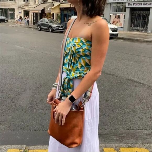 Marissa Webb Collective Blue & Green Geometric Tie Waist Strapless Top - Picture 1 of 6